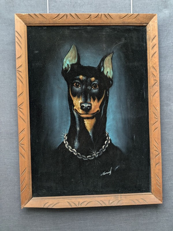 VTG Black Velvet DOBERMAN Painting 28×38 Carved Wood Frame Mexico Signed Rare
