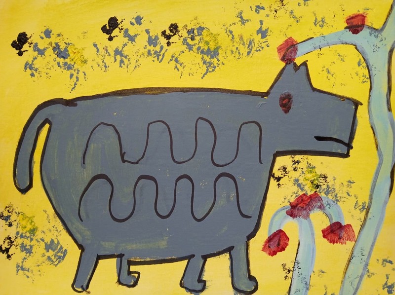 Impressionism 9 x 12 Colorful Gray Cow Modern Street Art Playful Painting