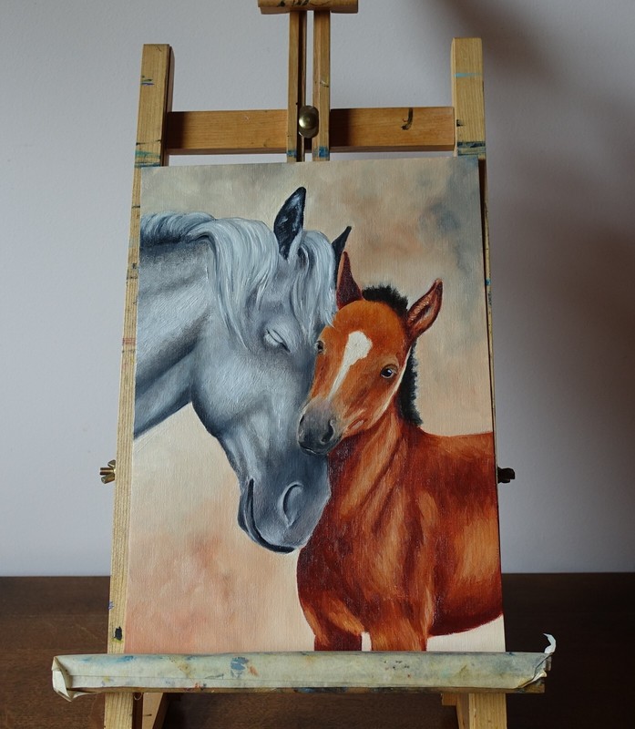 Horses oil artwork, mare and foal portrait, Horse art gallery