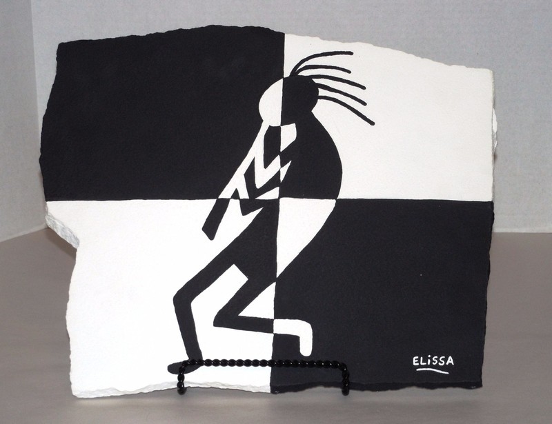 Modern Southwest Kokopelli Pop/Folk Flagstone Black & White Painting By Artist
