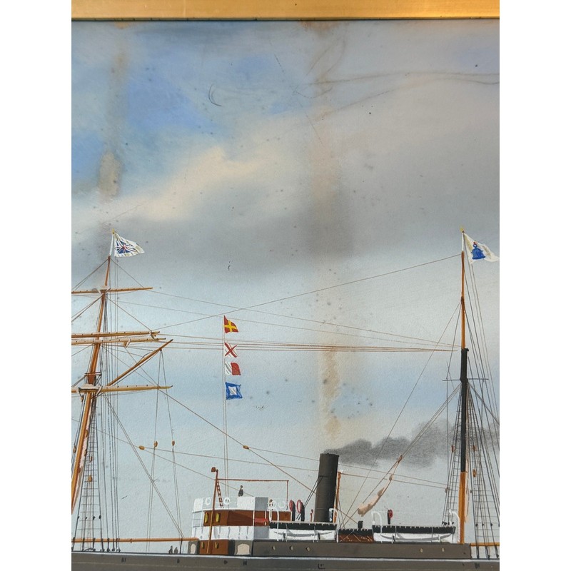 Antique SS Bothal Merchant Steamship Pierhead Portrait Painting Wood Board Back gallery