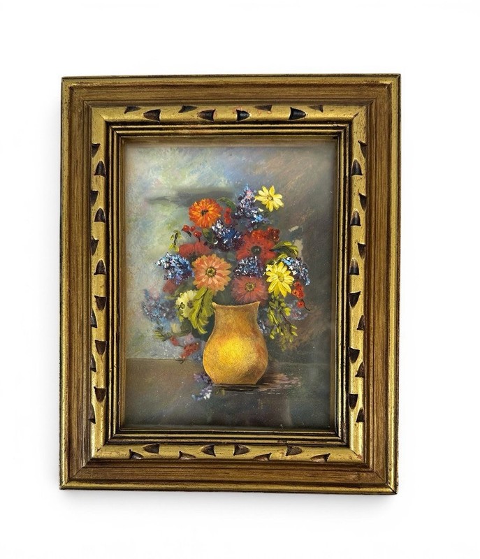 Vintage Mid-Century 3D Reverse Glass Signed Floral Painting -Ornate Gilded Frame