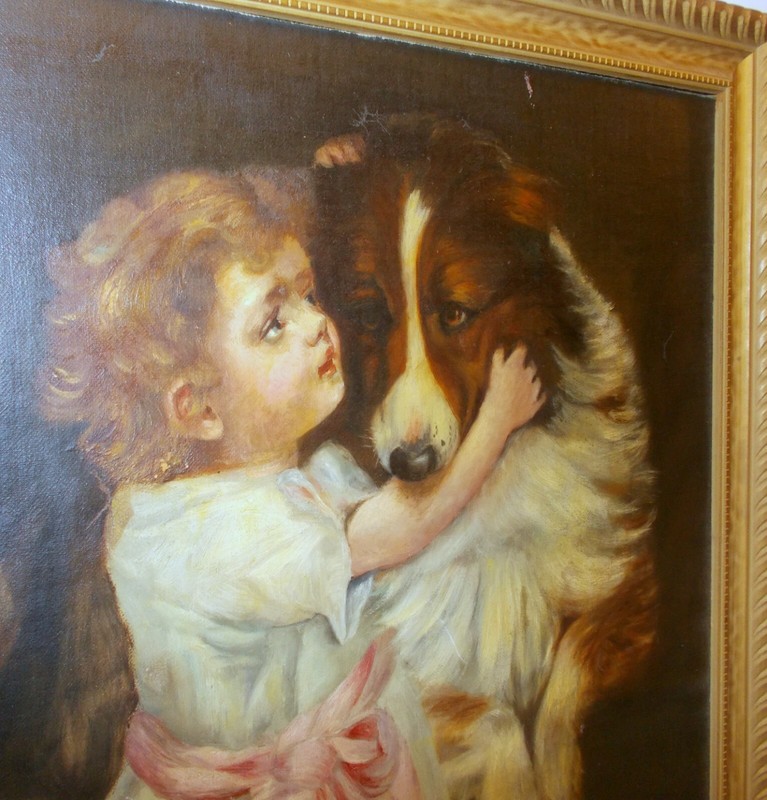 Antique Oil PAINTING Victorian Edwardian GIRL with COLLIE DOG gallery