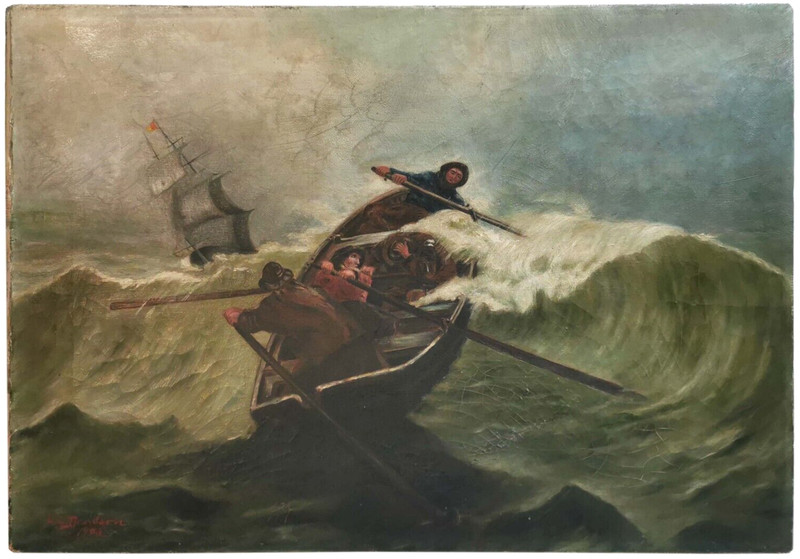 LILIAN LUCY DAVIDSON (IRELAND, 1879-1954) SGND 1903 O/C 4 FISHERMEN IN A GALE gallery