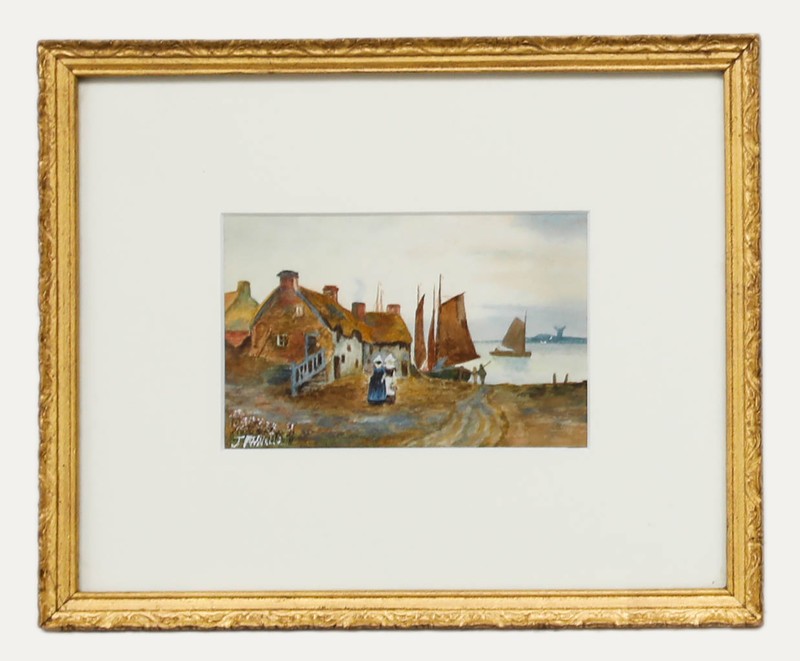 J. A. Wells – 19th Century Watercolour, Coastal Town