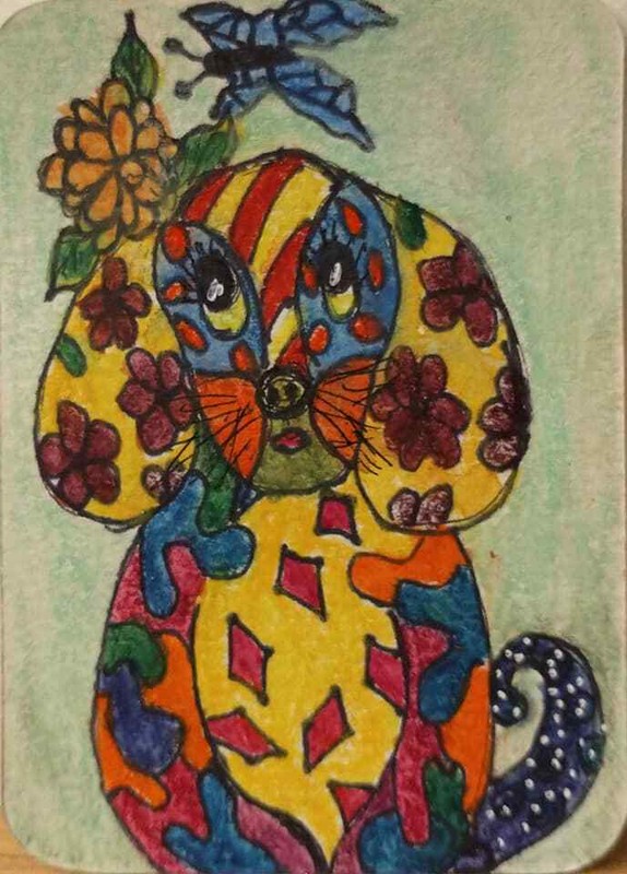 A whimsical dog pet portrait ACEO ATC by Award Winning Artist Stacey Torres