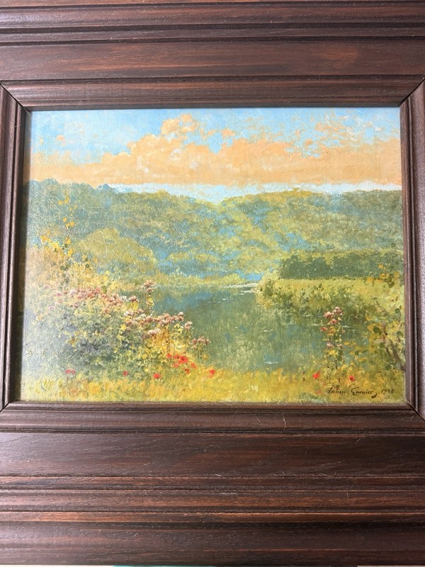 Julien Fournier Signed Framed Landscape Lake & Flowers Painting 1945 gallery