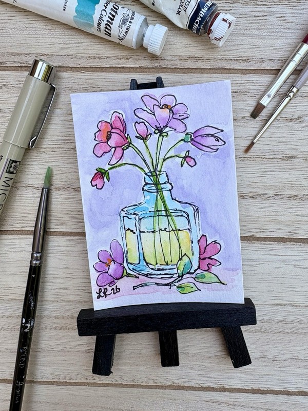 ACEO Original Signed Mini Watercolor and Ink Floral Still Life on Paper