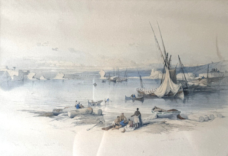 Antique Watercolor After David Roberts Coastal Harbor Boats Fishermen Framed