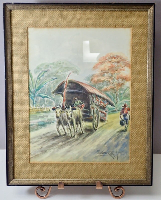Vintage Southeast Asian Painting of Ox Drawn Cart w/ Broken Axle Signed & Framed