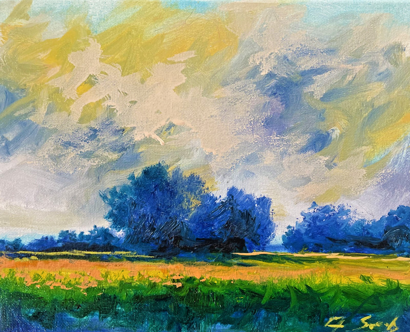 Impressionist Landscape Oil Painting Blue Trees Field Sky – A. Semberecki 8*10