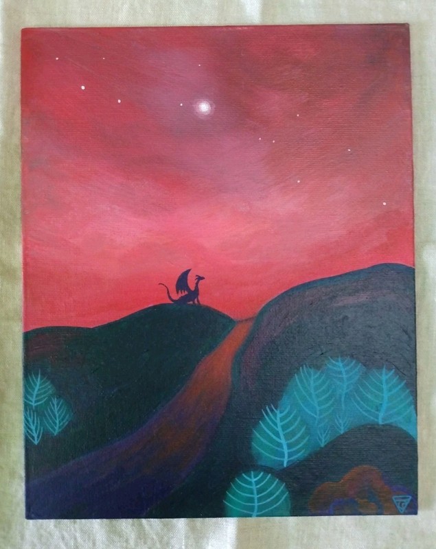 Original Painting by Fala – Magical Landscape With Baby Dragon – 8×10 OOAK Art