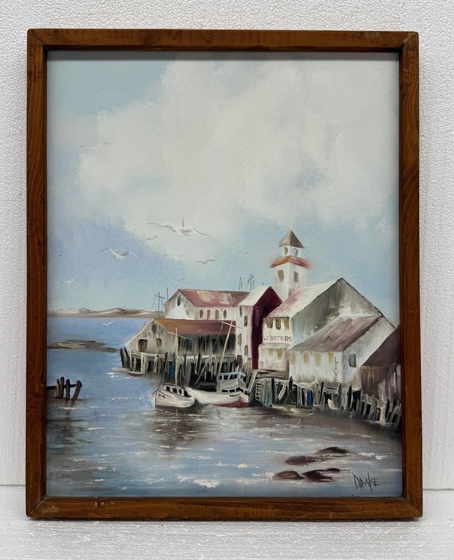 Vintage Nautical Fishing Boats Sea Scape Signed Drake Canvas Oil Painting