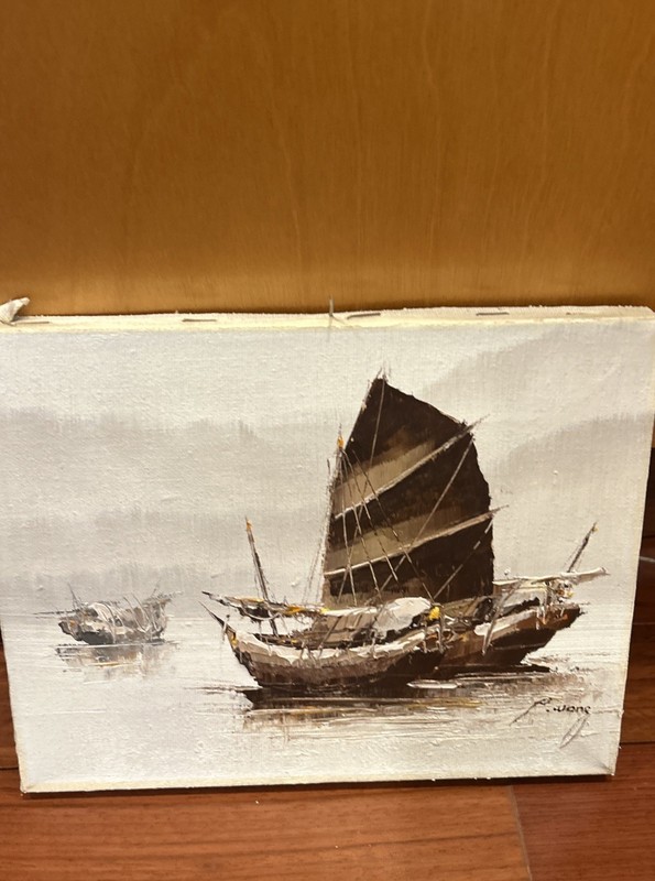 P. WONG Oil Painting on canvas Seascape Nautical Junk Boats 8X10 No Frame Signed