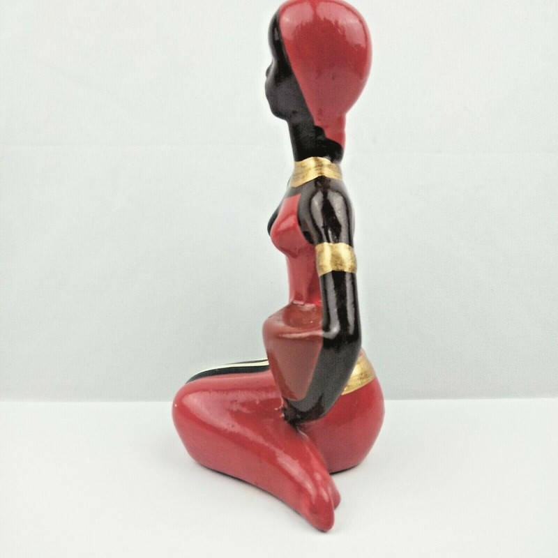African Folklore Ceramic Figurine Lady Sitting Down Red White Black Gold Painted gallery