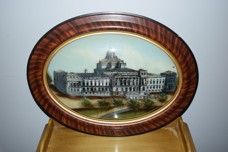 Antique U.S. Capitol Building Washington D.C. Reverse Painting Oval Convex Glass