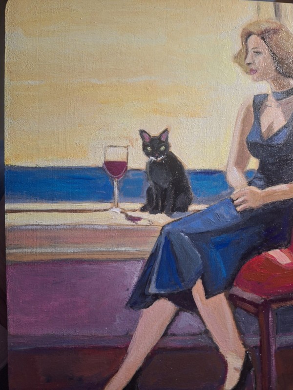 Original Hand 8x8 Red Acrylic Wood Panel Cat And Woman Wall Art Signed gallery