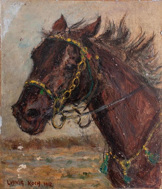 Ludwig Koch Horse Detail Animal Painter Austria Signed Oil Painting Board 1912