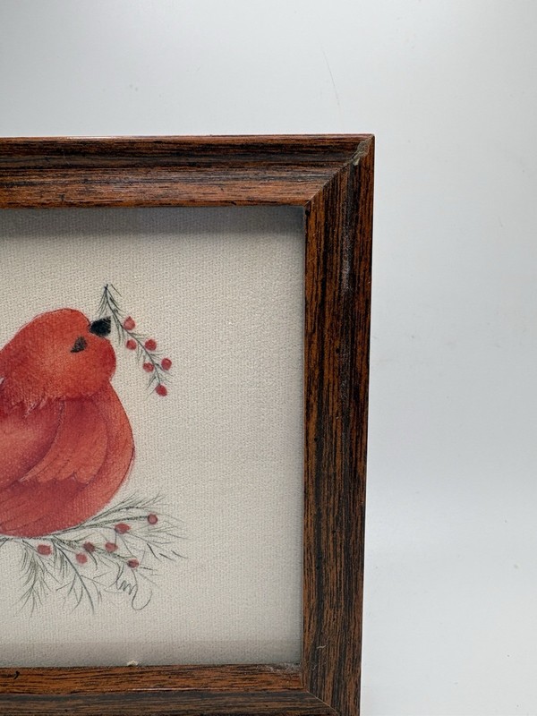 Vintage Theorem Hand Painted Cardinal Red Bird Framed Art Painting on Velvet gallery