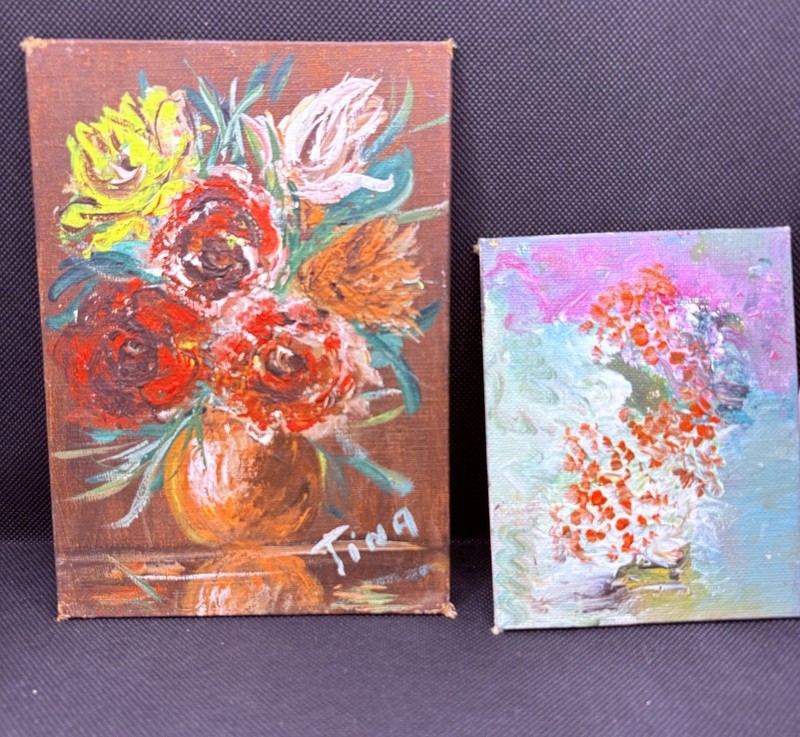 Set Of 2 Original Artist Signed Paintings Abstract Floral Acrylic Canvas Board