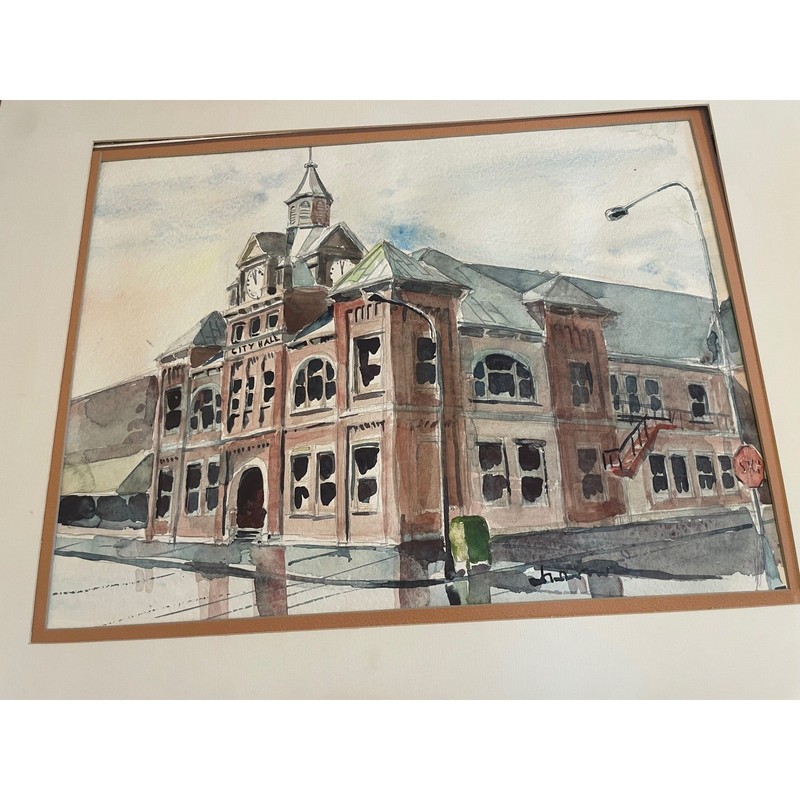 Original Watercolor Painting Historic City Hall Architecture Signed Art 26×20