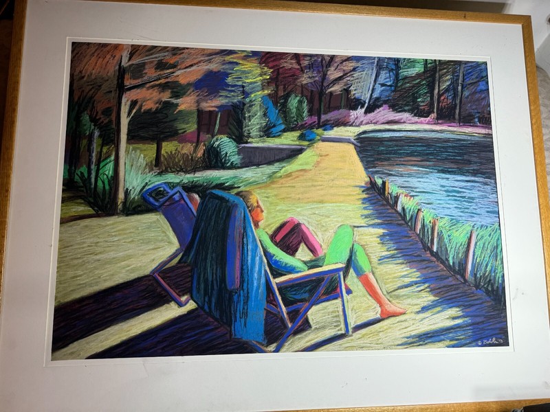 Huge 1993 «Woman Sunning At Front Pond» Pastel Painting – Signed/Framed
