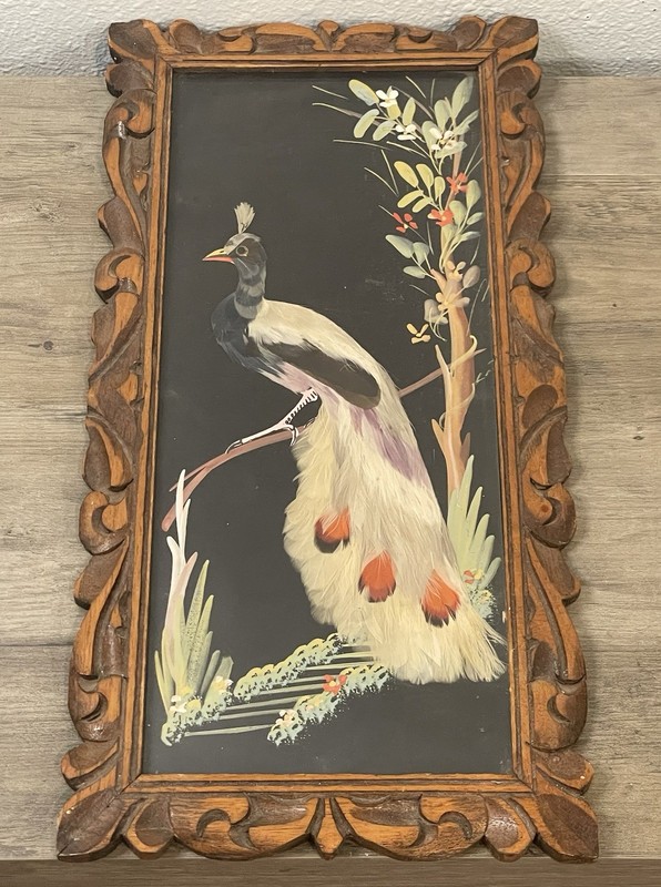 Vintage White Peacock Reverse Glass Painting With Real Feathers in Wood Frame