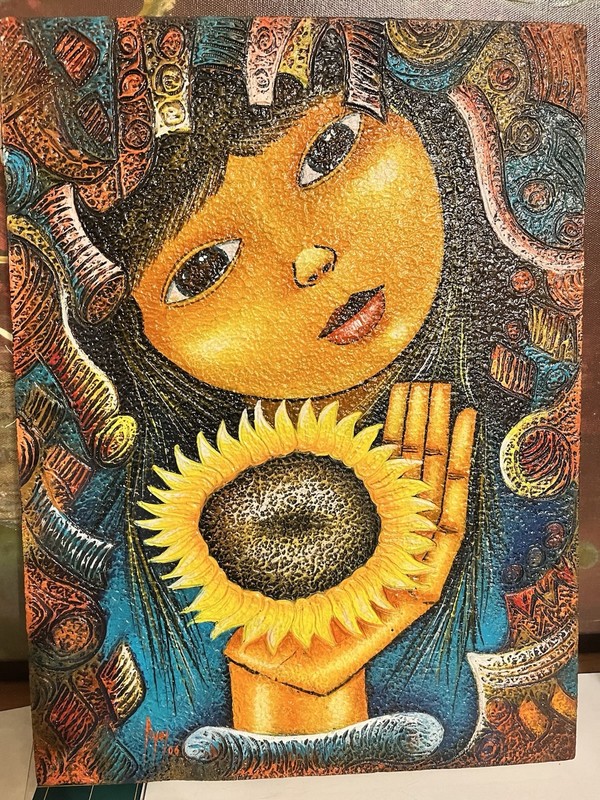 N Ayo Ecuadorian 12" x 16" Girl with Sunflower Acrylic on Canvas Painting 2006 gallery