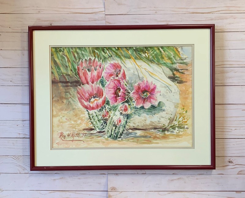 Vtg Watercolor Painting Cactus Bloom Floral Landscape Arizona Desert By Roy Roth