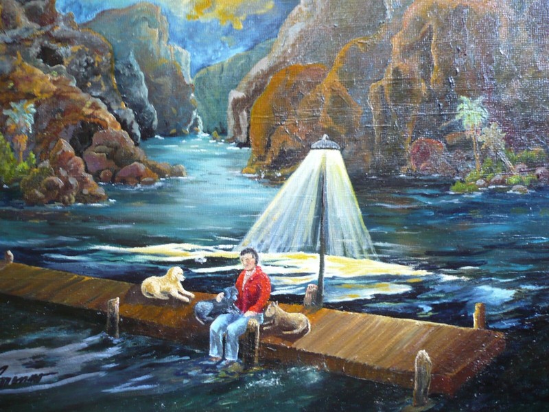 CAROLYN BONANNO, The Pack, FOLK OUTSIDER ART, YOUNG MAN and DOGS, NOCTURNE OIL gallery