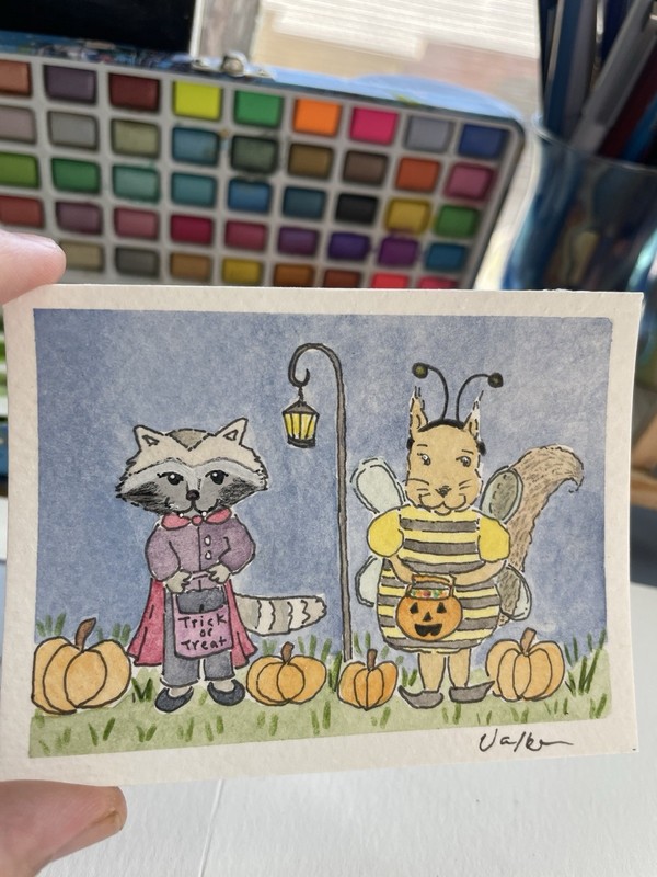 ACEO Raccoon Vampire & Squirrel Bee Trick Or Treat Halloween Painting ATC Card gallery