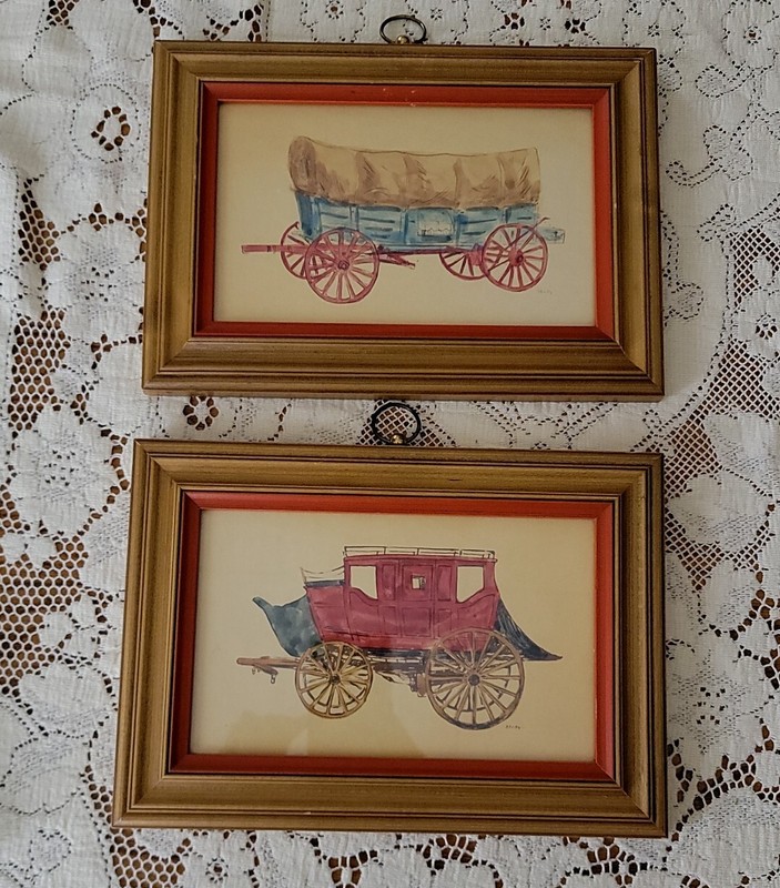 Vintage Selby Watercolor Painting Of Western Stagecoach & Covered Wagon Framed