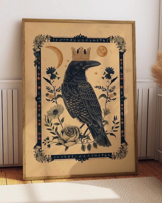 Norse Raven King Folk Art Poster 16×20 Mystical Moon & Sun Celestial Wall Art