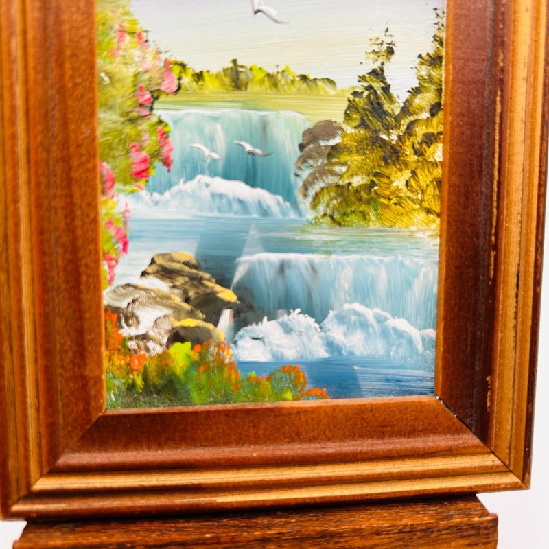 Miniature Painting On Glass Waterfall Flowers B1rds 5x4 inch Framed Easel VTG gallery