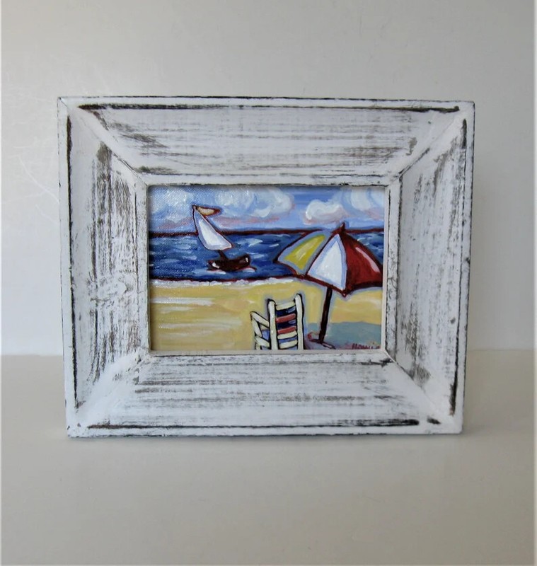 Original framed acrylic beach art canvas 11 x 9, seascape sailboat umbrella OOAK