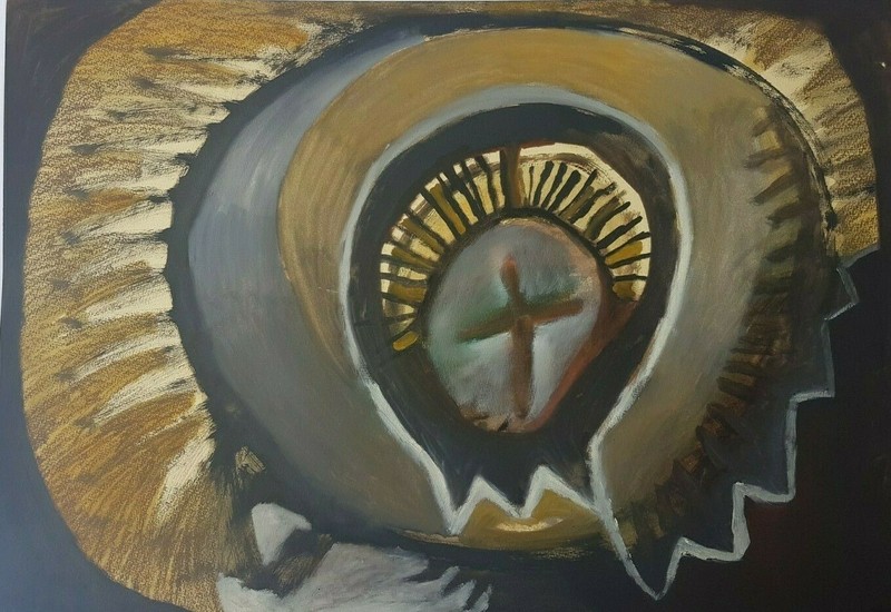 Painting by Rigoberto Mena Santana. No title. 1994. Signed and dedicated.