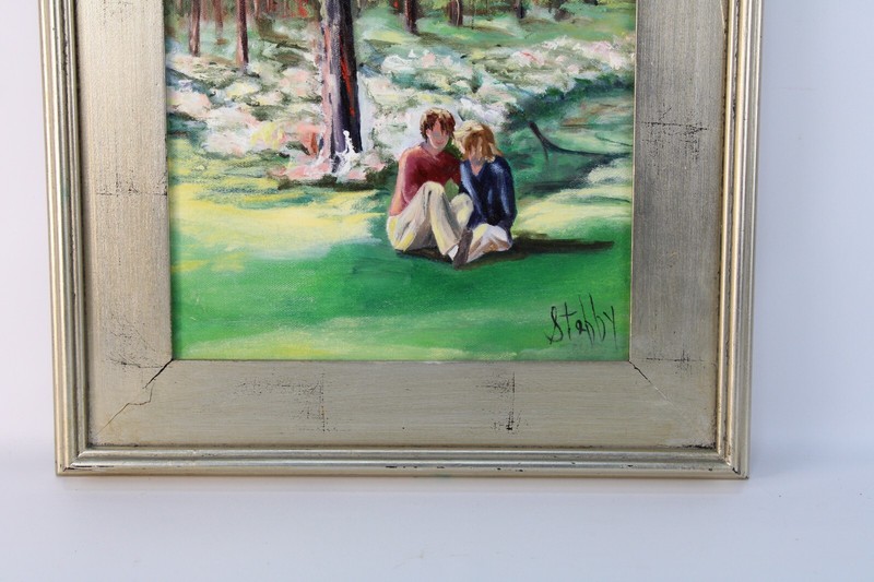 Vintage Couple In The Woods Landscape Oil Painting On Canvas Signed Illegible gallery