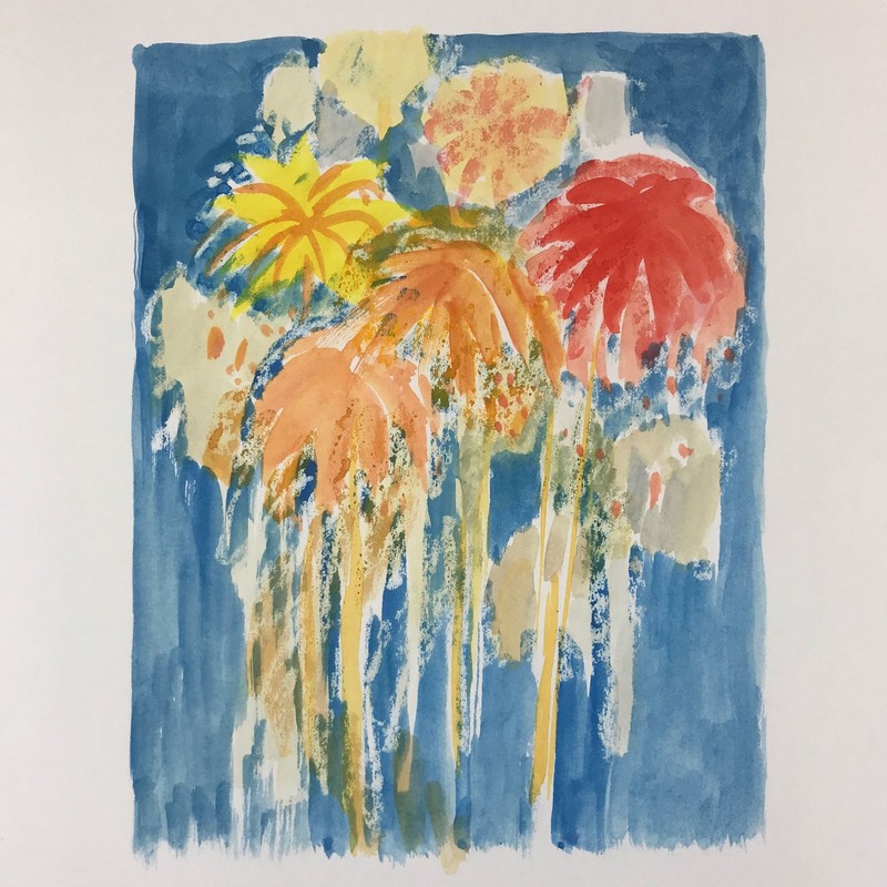 Japanese Fireworks Watercolor Painting Original Art Cardstock Unsigned FL152