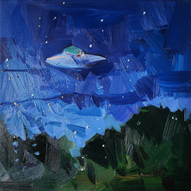 Jose Trujillo Original Oil Painting – UFO, Ufos, Aliens 10×10 Oil on Canvas