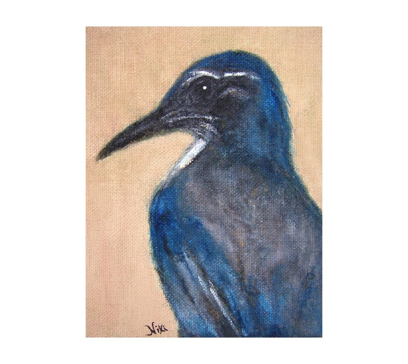 Unique Original Collectible Blue Jay Acrylic on Burlap Canvas Wildlife Painting