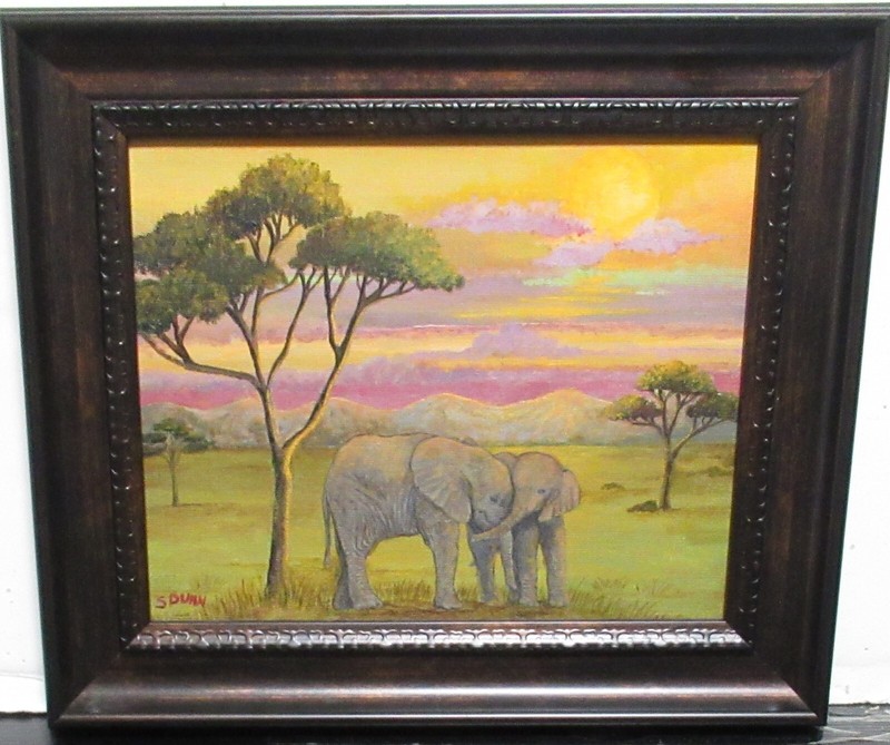 S.DUNN «LOVE AND TENDERNESS» AFRICAN ELEPHANTS SMALL OIL ON BOARD PAINTING