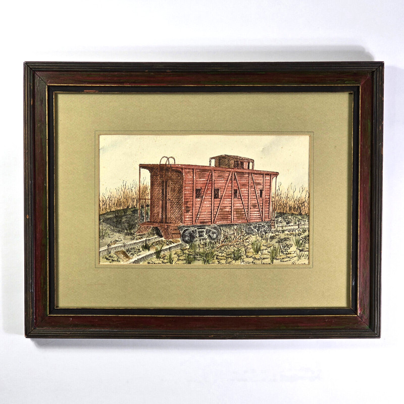 VTG 1930s Original Watercolor Painting Wooden Red Caboose Signed Matted & Framed