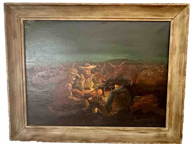 Ray Swanson – Cowboy Cookout at Dusk Texas Longhorn Cattle Drive – Oil on Canvas