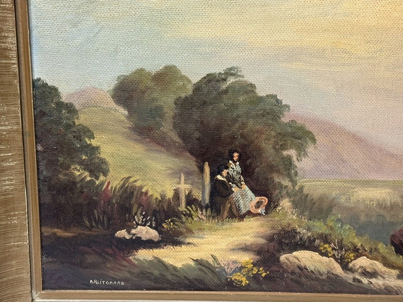 Early 1900’s Oil Painting On Board Mourning At Burial Site Signed Klitgaard gallery