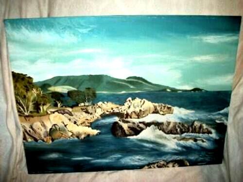 Plein Air California Cypress Trees Oil Painting Impressionist Stylized Rocks 50s