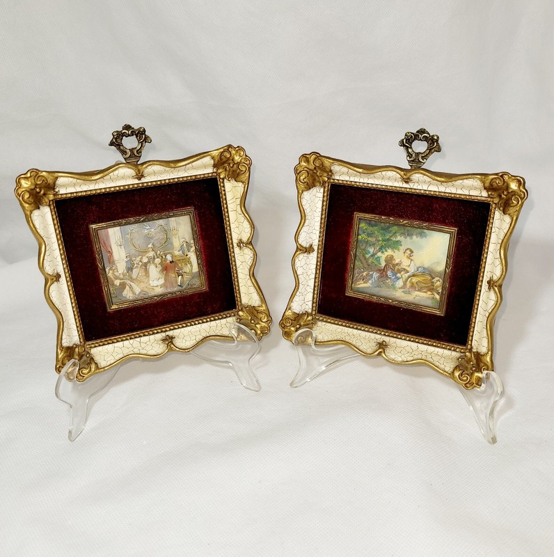 Victorian Minature Pair Of 2 Watercolor With Enamel/Signed/Framed/Reproductions