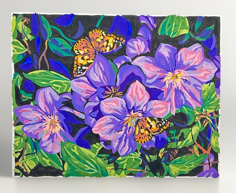 Unframed Finished Paint By Number Purple Clematis Flowers Butterfly Canvas Art