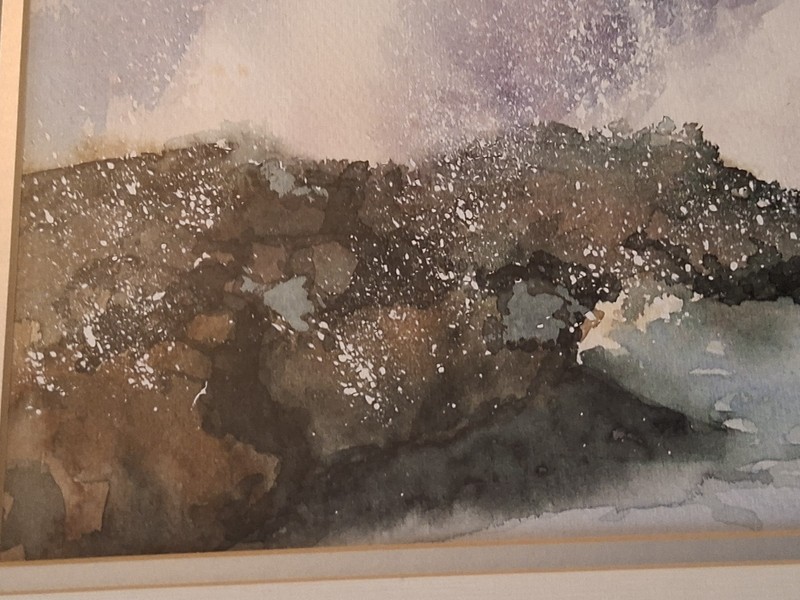 Watercolor art by Sherri Bails madded framed signed crashing waves on rocks gallery