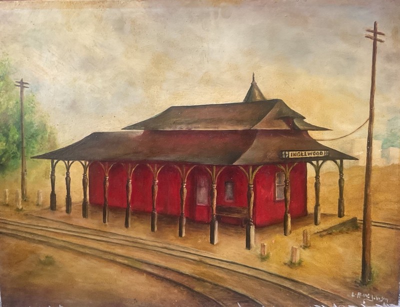 INGLEWOOD CA , OLD TRAIN STATION original painting Signed “LA” W. Johnson.