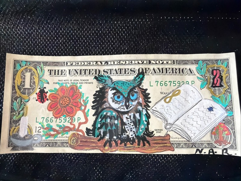 Art On Dollar Bill » WISE OWL” Pop Art OOAK By N.A.R. Symbolism ACEO Miniature
